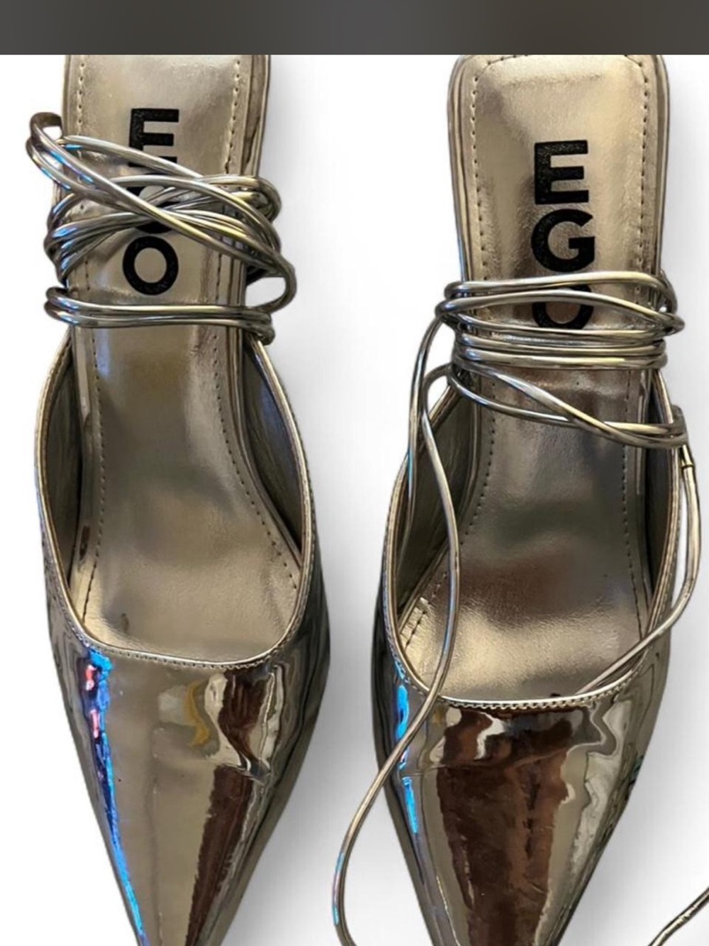 EGO Metallic Silver Pointed Lace-Up Heels